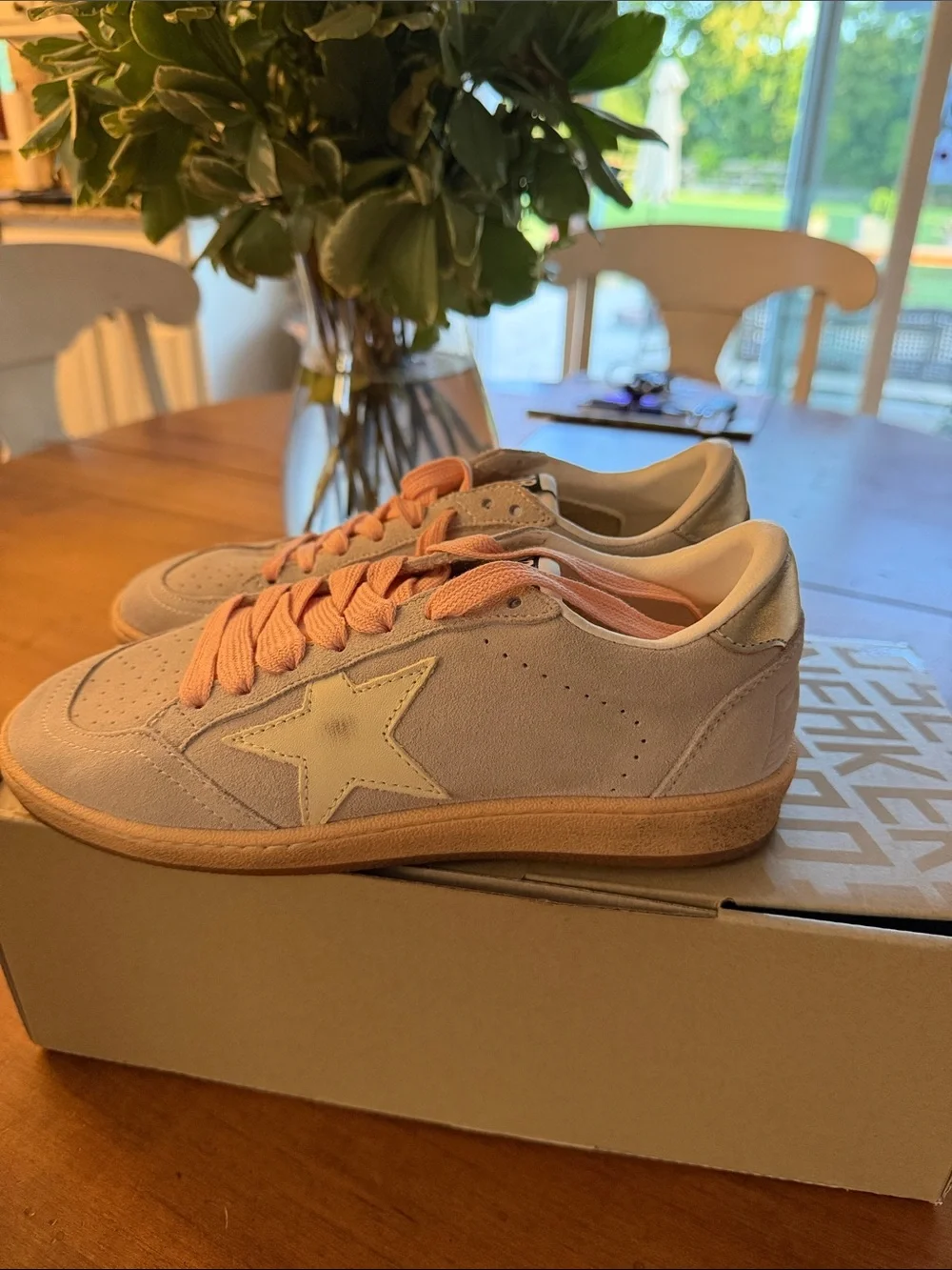 Golden Goose Beige Suede Sneakers with Pink Laces
